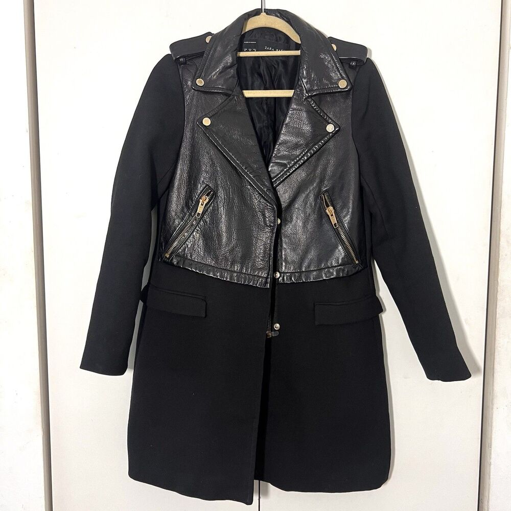 Zara Biker Jacket Womens M Black Wool Leather‎ Contrast Mid length Punk Casual
